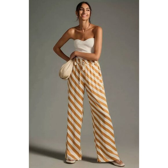Anthropologie Maeve Printed Straight Leg Drawstring Pants Bronze Stripe NWT LP - Picture 1 of 6